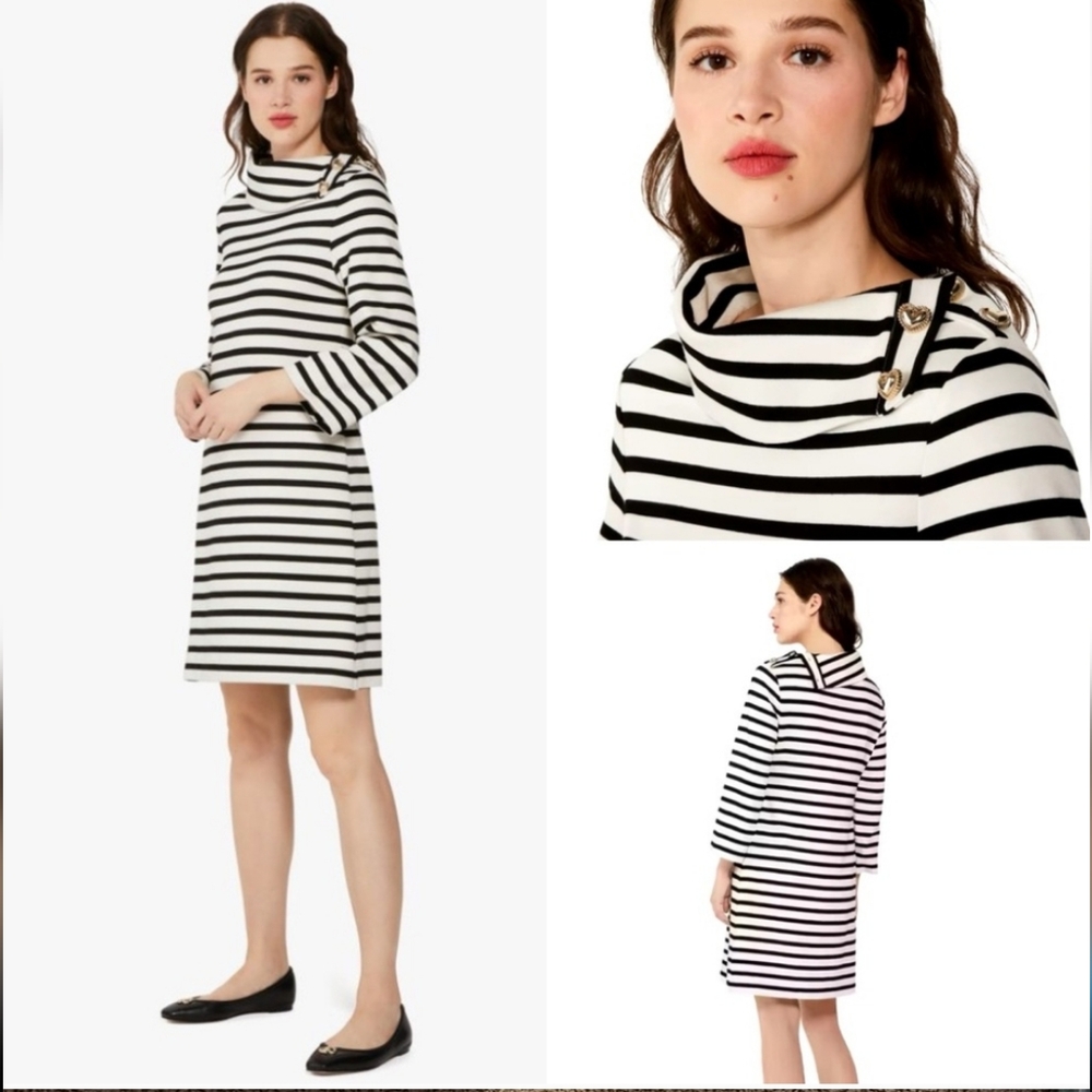 Kate Spade Striped Long Sleeve Ress, Cute Gold Heart Buttons Black White XL